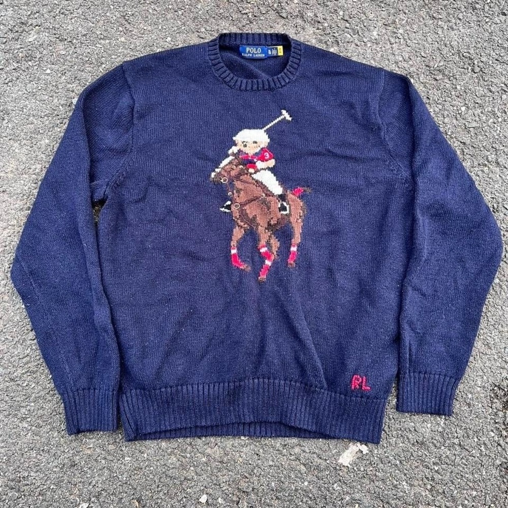 1990s Polo Ralph Lauren Stadium Big Pony Equestrian Polo Bear Knit Sweater sz XL